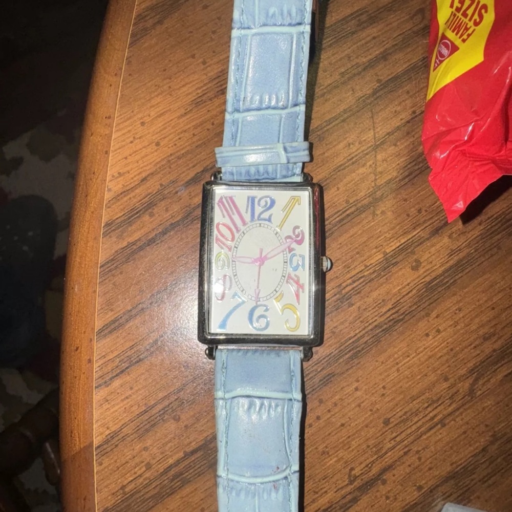 Colorful square faced  watch with blue leather band